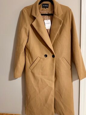 Camel Double-Breasted Wool Blend Coat